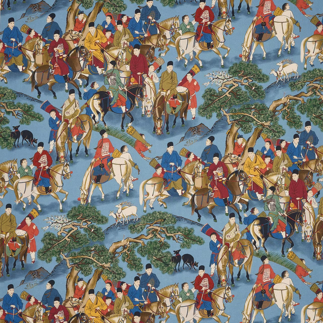 Blue linen fabric with riders on horses, trees and playful animal motifs