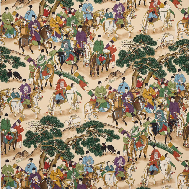 Equestrian scene print on warm cream linen with riders, horses and pine trees