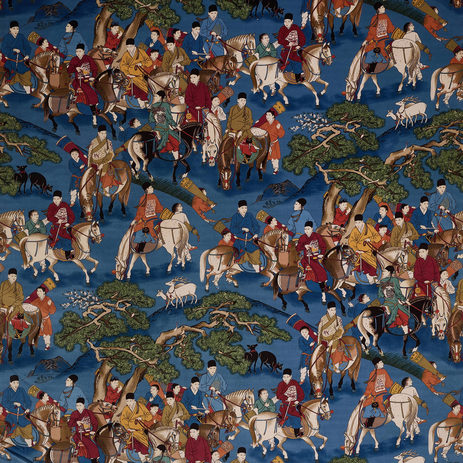 Patterned blue velour fabric with riders on horses and trees in a scenic repeat