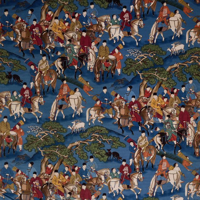 Patterned blue velour fabric with riders on horses and trees in a scenic repeat