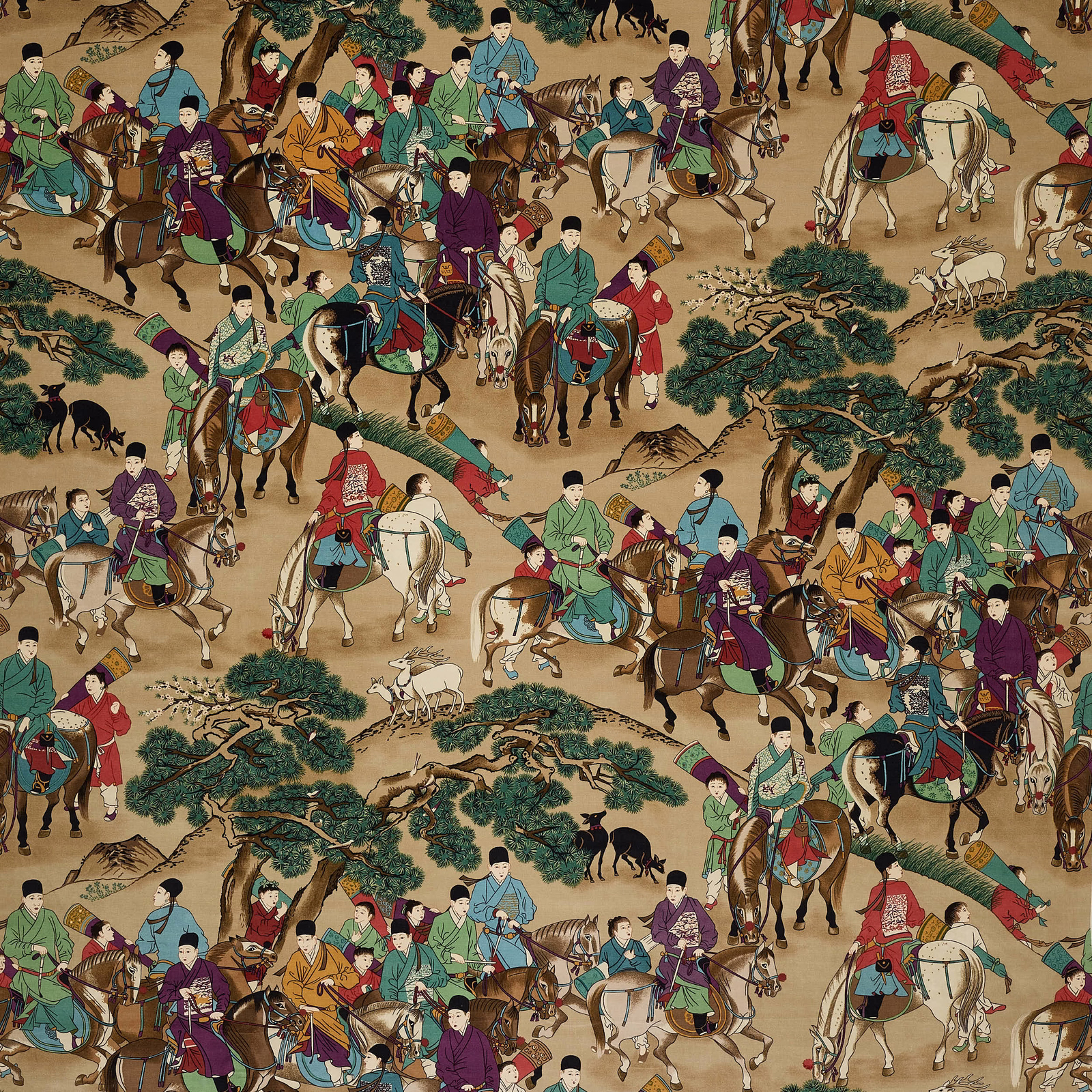 Equestrian scene on warm beige velvet with riders, horses and trees