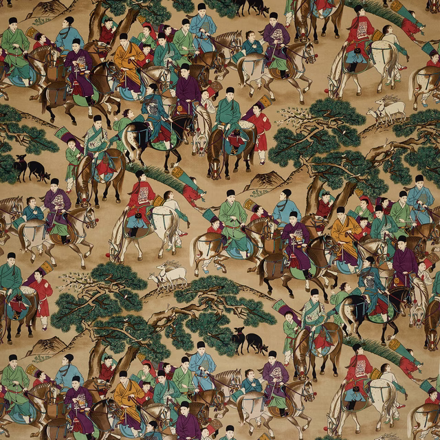 Equestrian scene on warm beige velvet with riders, horses and trees