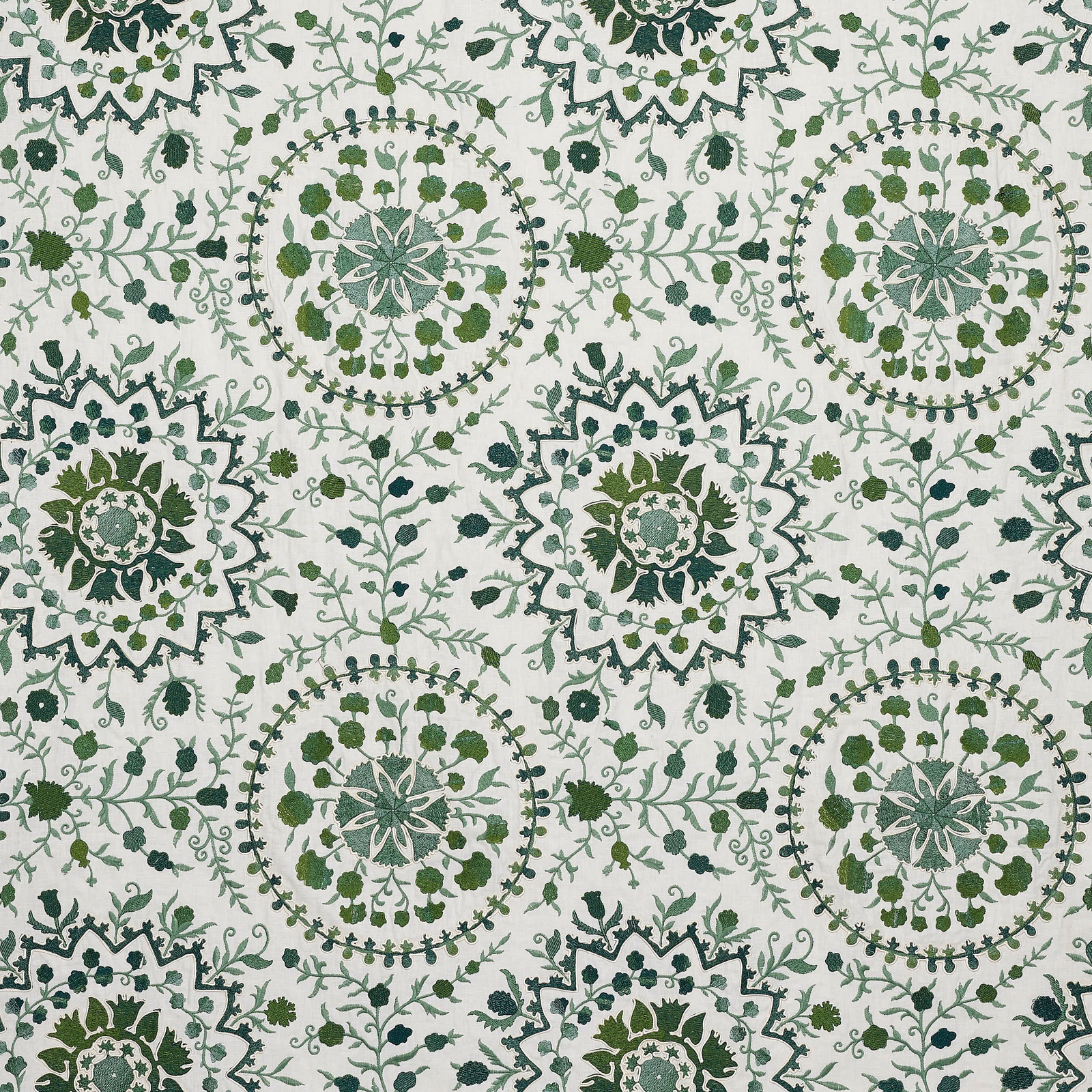 Green floral medallion fabric with scrolling vine pattern on a pale ground