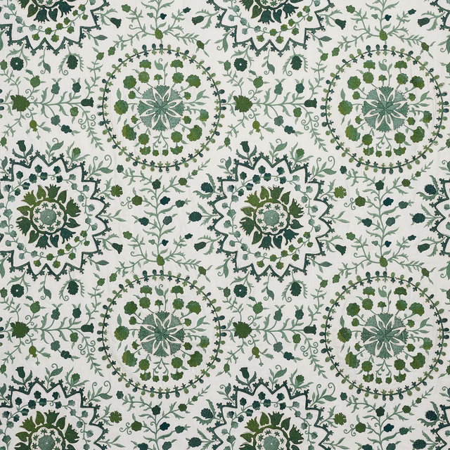 Green floral medallion fabric with scrolling vine pattern on a pale ground