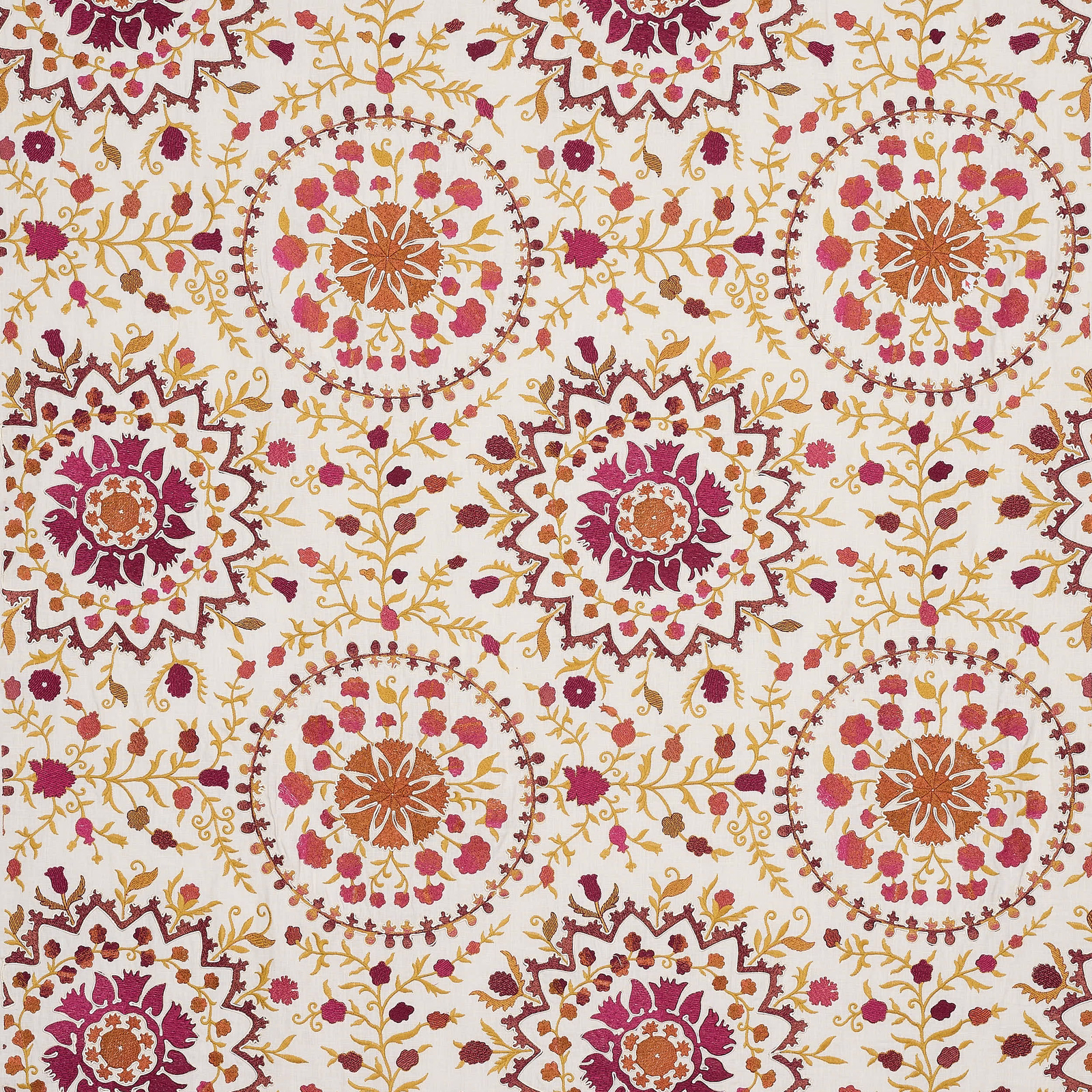 Cream ground fabric with pink and saffron medallions and floral vine motifs