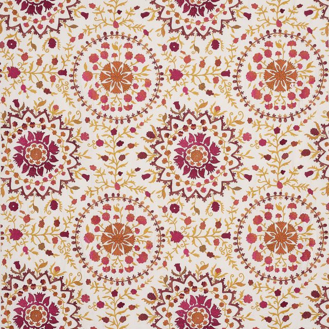 Cream ground fabric with pink and saffron medallions and floral vine motifs