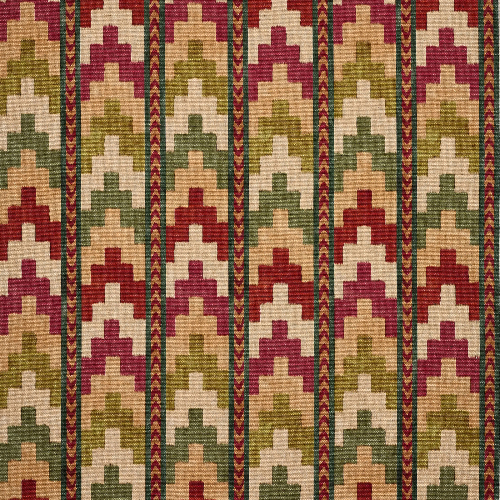 Geometric woven fabric swatch in matcha green, cream and berry stepped stripes