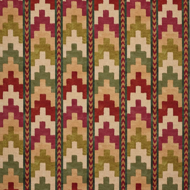 Geometric woven fabric swatch in matcha green, cream and berry stepped stripes