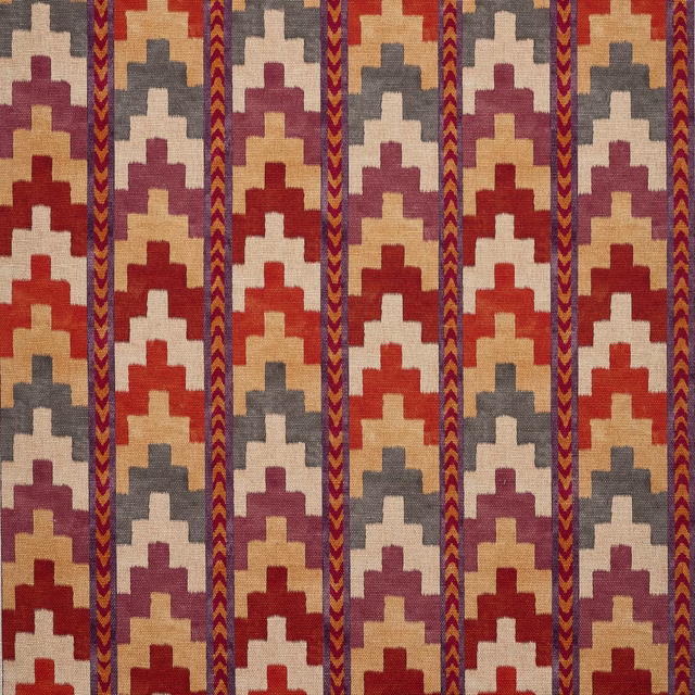 Step-pattern woven fabric in terracotta red, cream, grey and plum vertical stripes