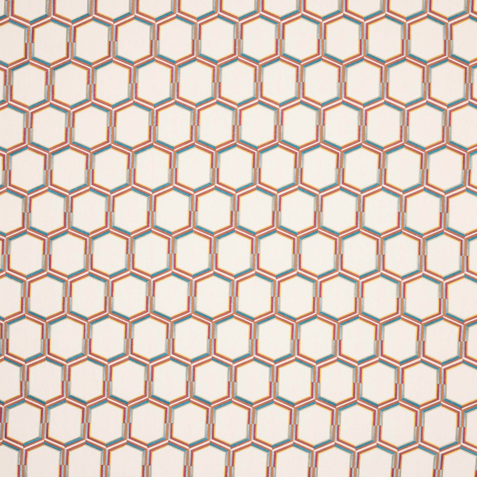 Geometric hexagon fabric swatch in ivory, teal and terracotta on a pale ground