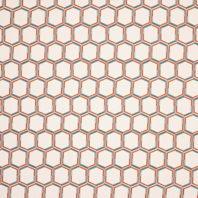Geometric hexagon fabric swatch in ivory, teal and terracotta on a pale ground