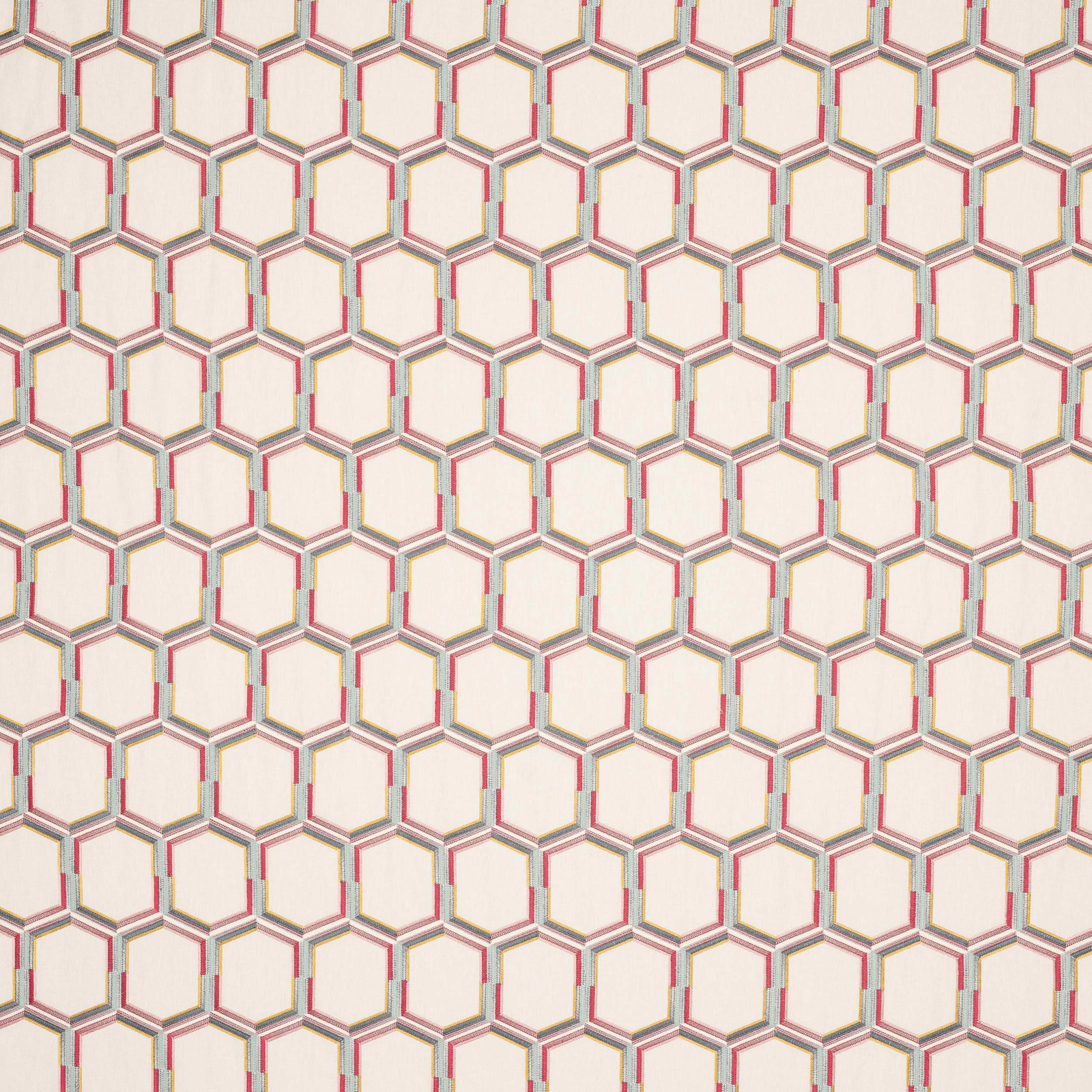 Cream geometric fabric with pink, aqua and grey hexagonal outlines