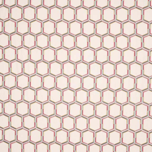 Cream geometric fabric with pink, aqua and grey hexagonal outlines