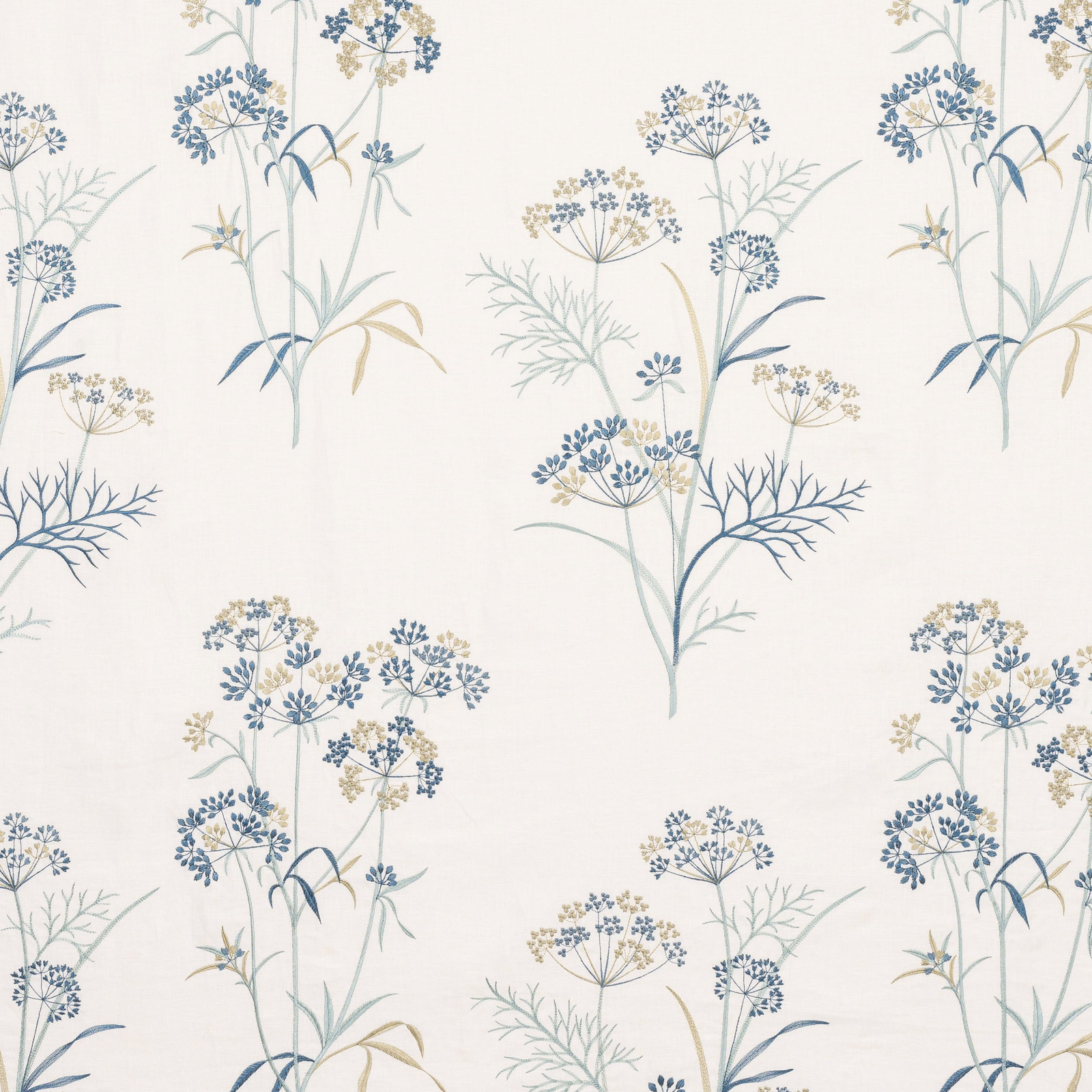Pale ivory floral fabric with soft blue and sage botanical stems
