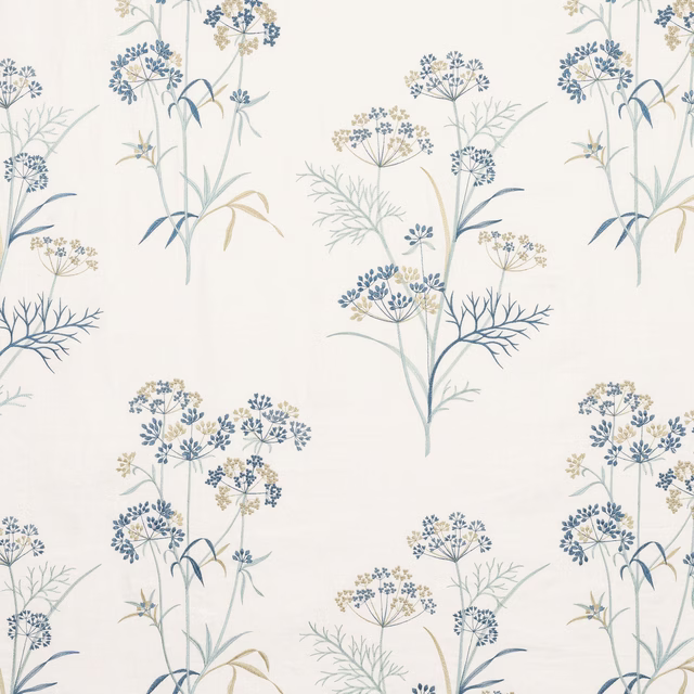 Pale ivory floral fabric with soft blue and sage botanical stems