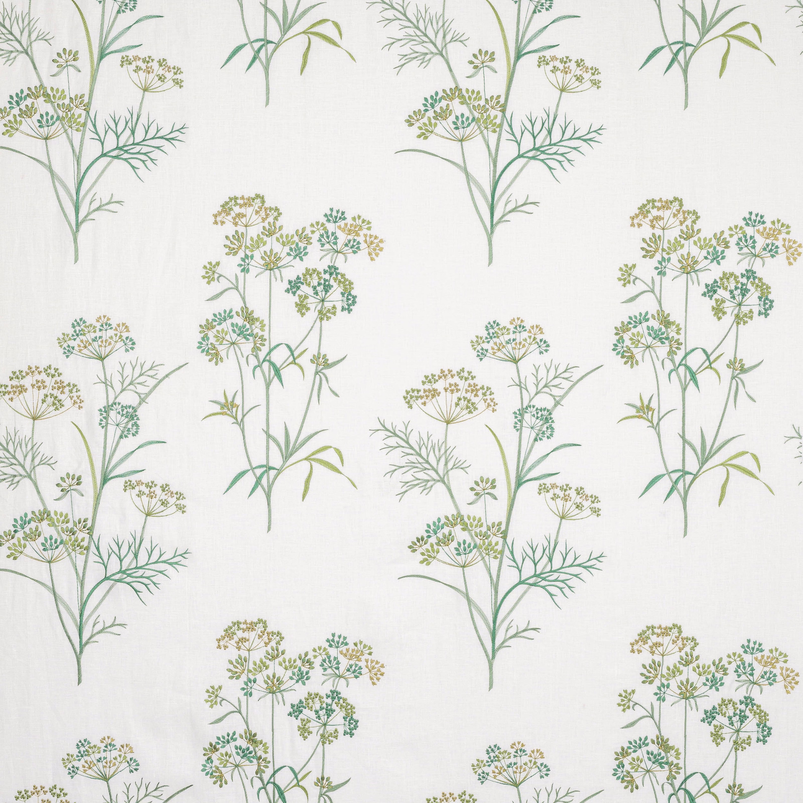 Pale floral fabric with sage green stems and small teal-gold blossoms on ivory