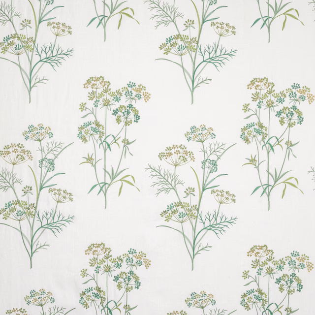 Pale floral fabric with sage green stems and small teal-gold blossoms on ivory