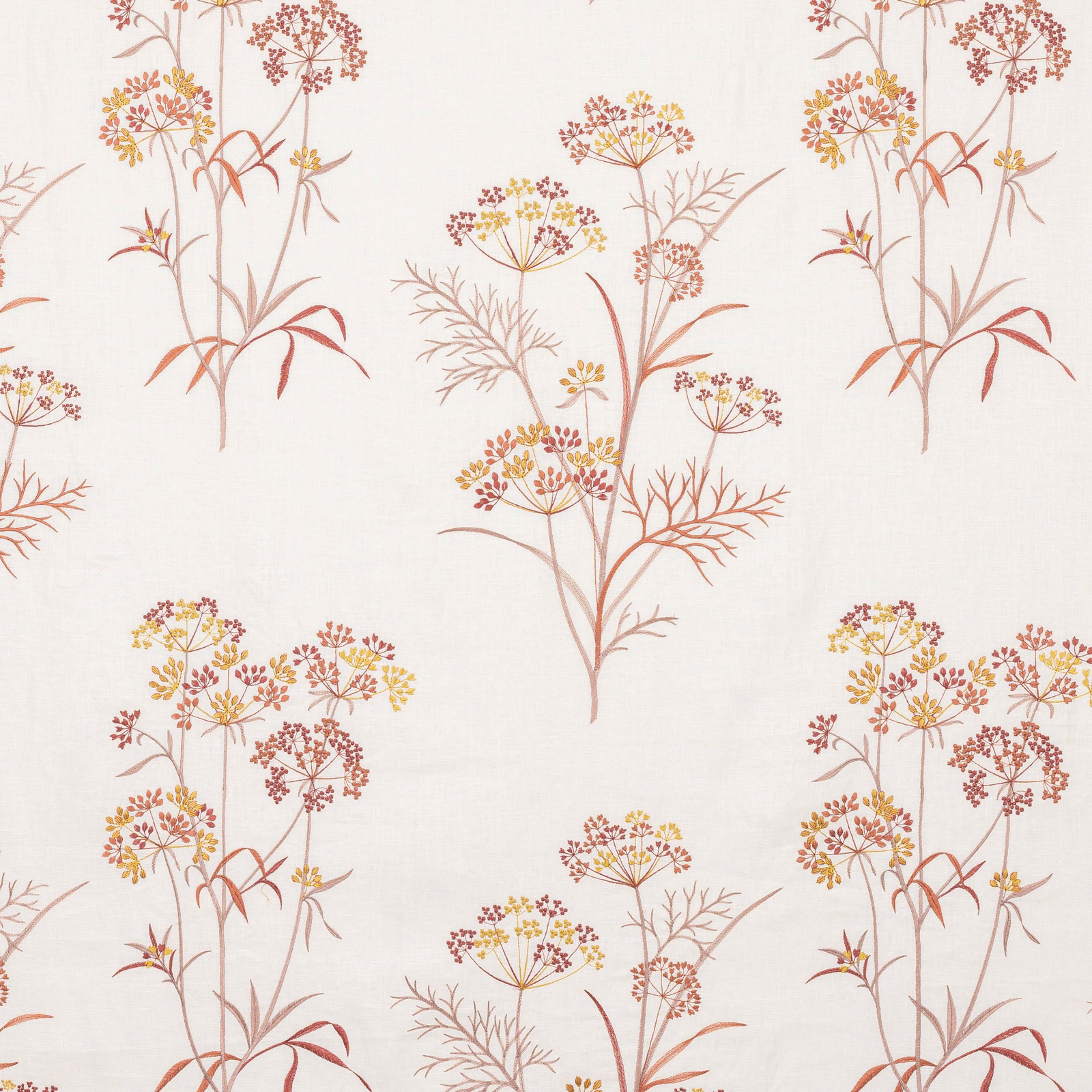 Cream fabric swatch with scattered red and gold botanical floral stems