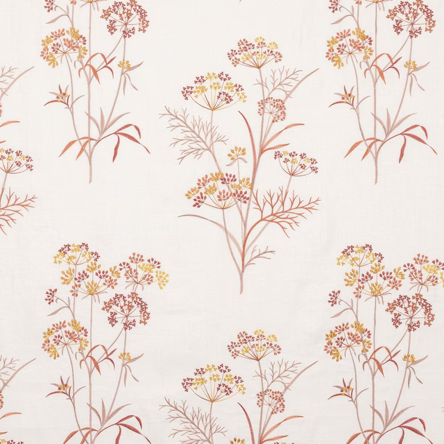 Cream fabric swatch with scattered red and gold botanical floral stems
