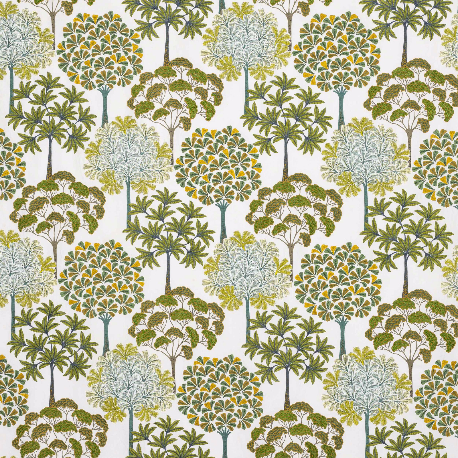 Stylised green tree motifs on a pale ground with sage, olive and teal accents