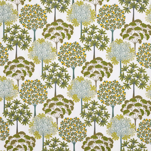 Stylised green tree motifs on a pale ground with sage, olive and teal accents
