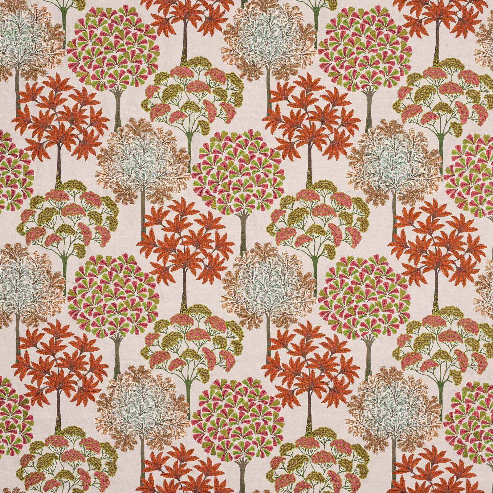 Large stylised tree motif in coral red, pink and green on a pale ground