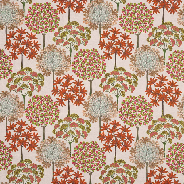 Large stylised tree motif in coral red, pink and green on a pale ground