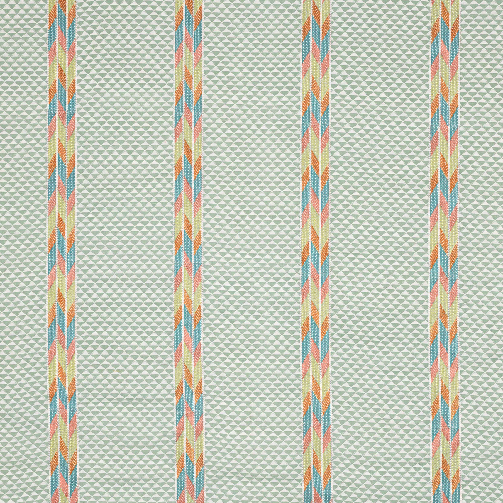 Aqua geometric fabric with multicolour vertical stripe bands and small triangle weave
