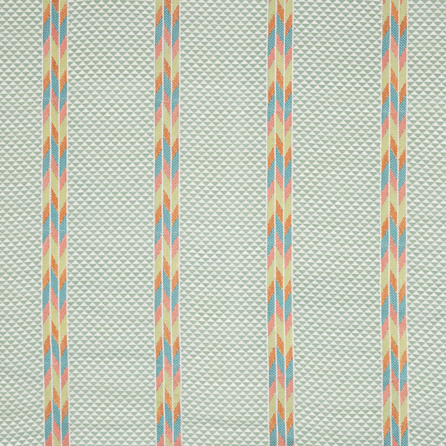 Aqua geometric fabric with multicolour vertical stripe bands and small triangle weave