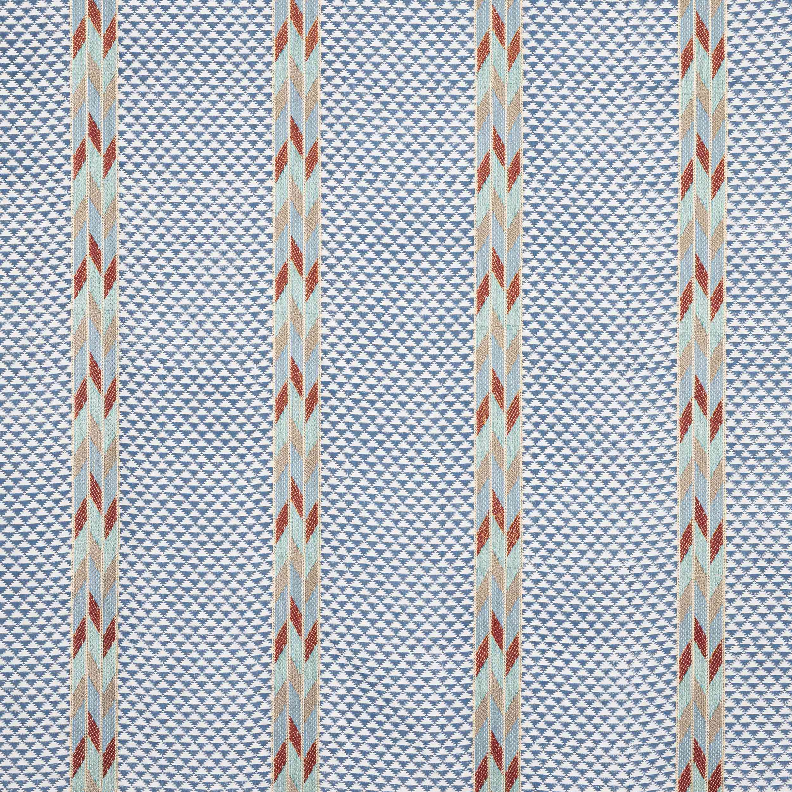 Blue woven fabric with tiny geometric motifs and narrow multicolour stripes