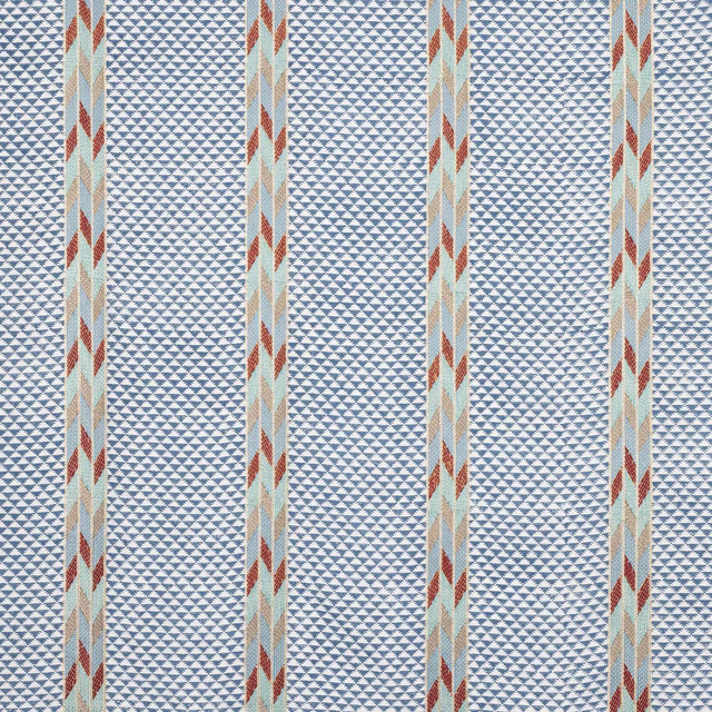 Blue woven fabric with tiny geometric motifs and narrow multicolour stripes