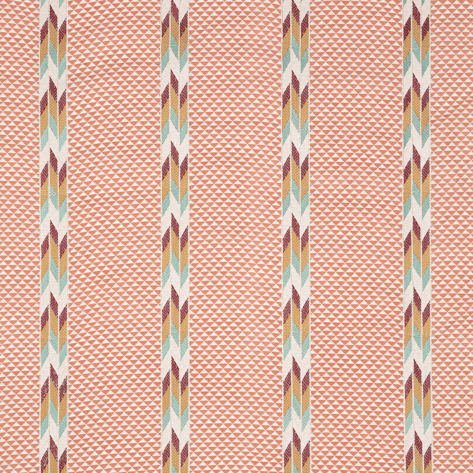 Coral-red woven fabric with narrow multicolour vertical stripes and tiny geometric ground
