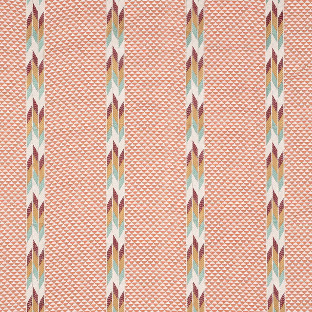 Coral-red woven fabric with narrow multicolour vertical stripes and tiny geometric ground