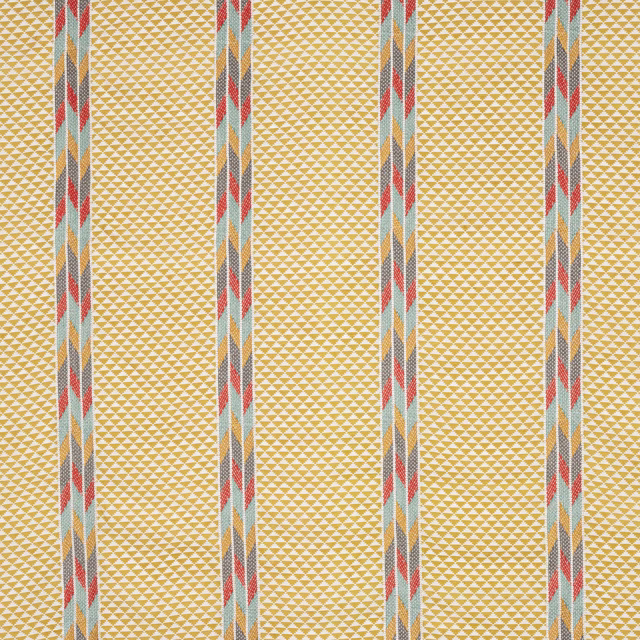 Yellow woven fabric with narrow multicoloured vertical stripes and tiny geometric texture
