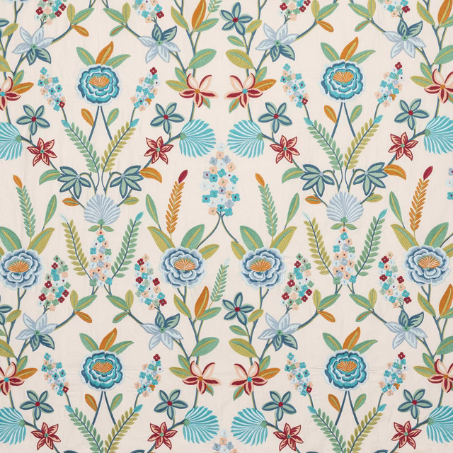 Large-scale blue-green floral fabric with aqua blossoms and leafy stems on ivory