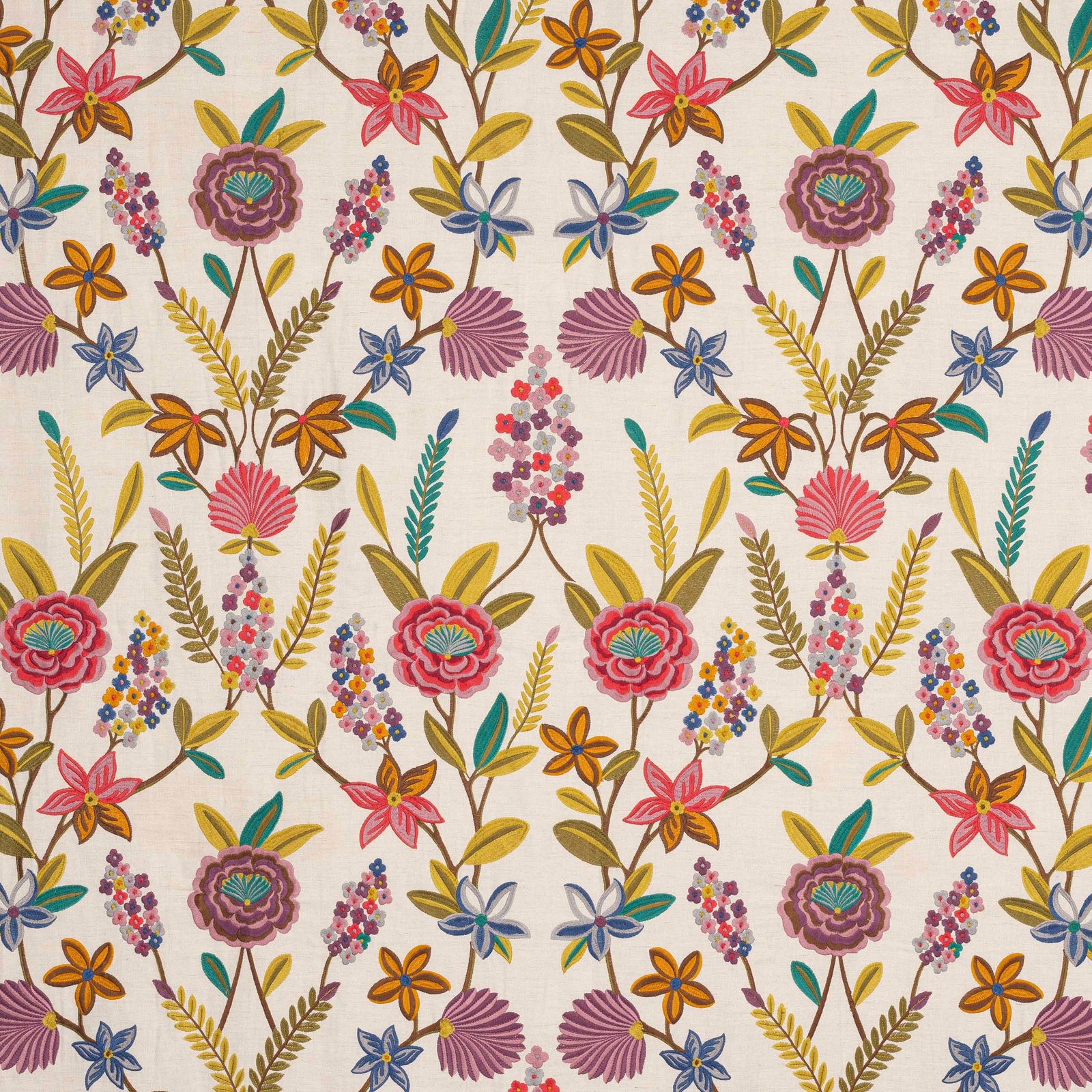 Large multicolour floral fabric on a warm ivory ground with embroidered-look blooms