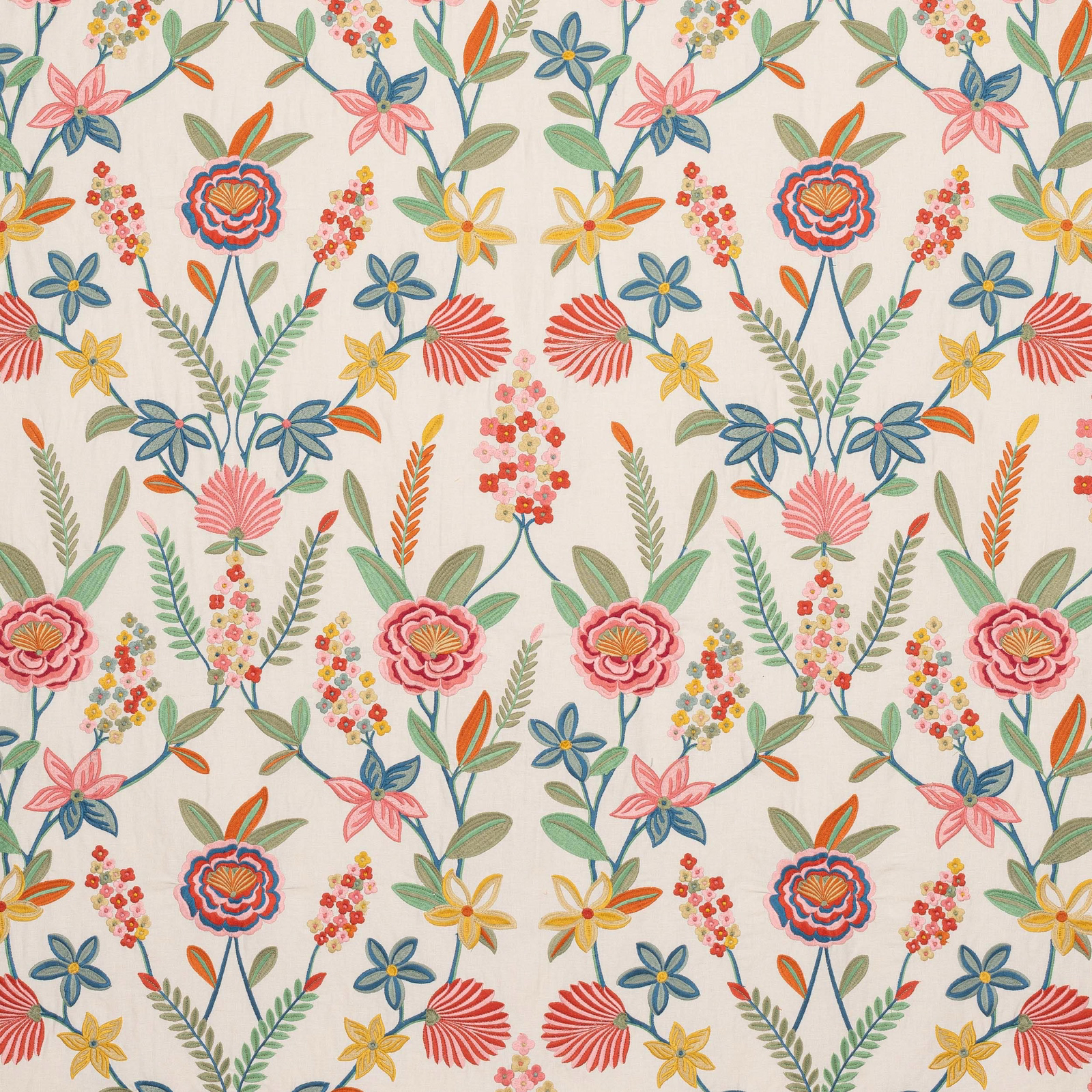 Floral botanical fabric on ivory ground with pink, green, blue and yellow blooms