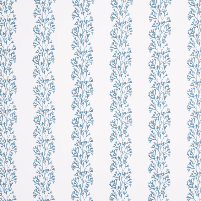 Powder blue leafy vertical stripe on a white linen ground