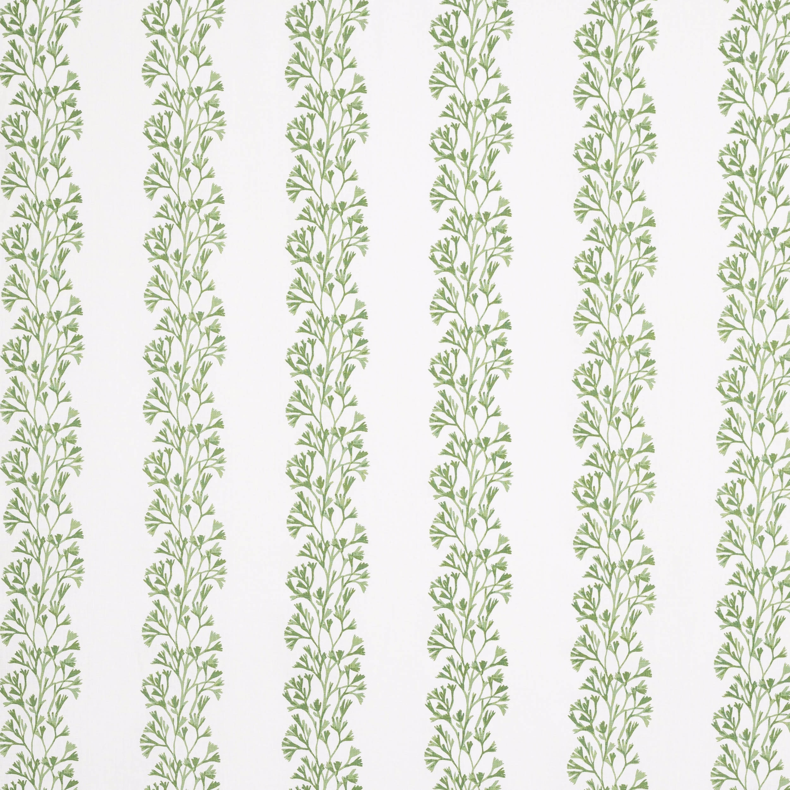 White linen fabric with narrow vertical pale green leafy stripes