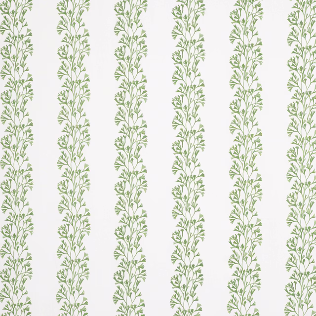 White linen fabric with narrow vertical pale green leafy stripes