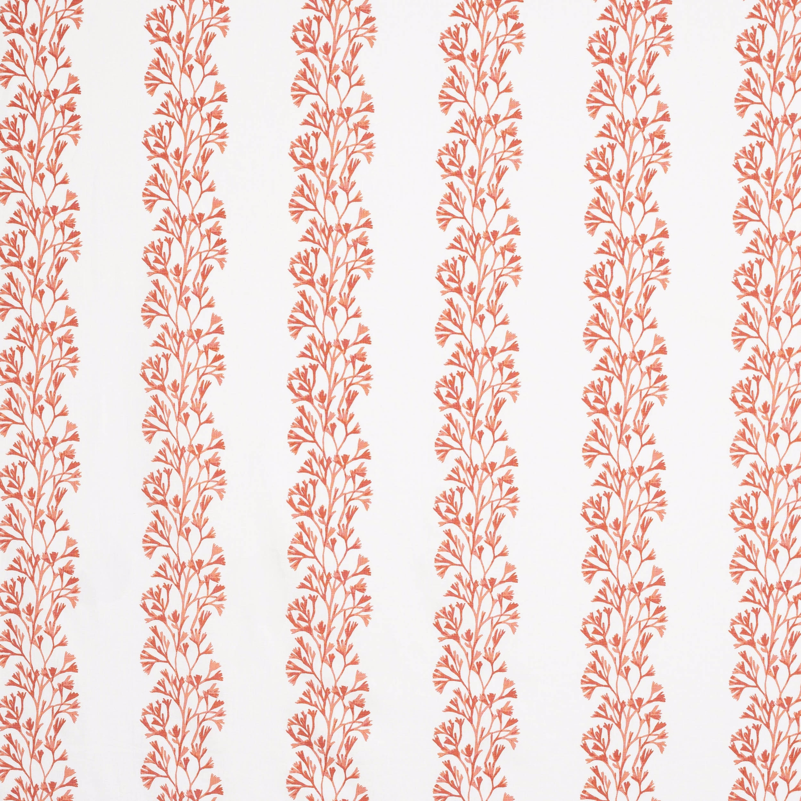 Coral-red leafy vertical stripe on an off-white linen ground