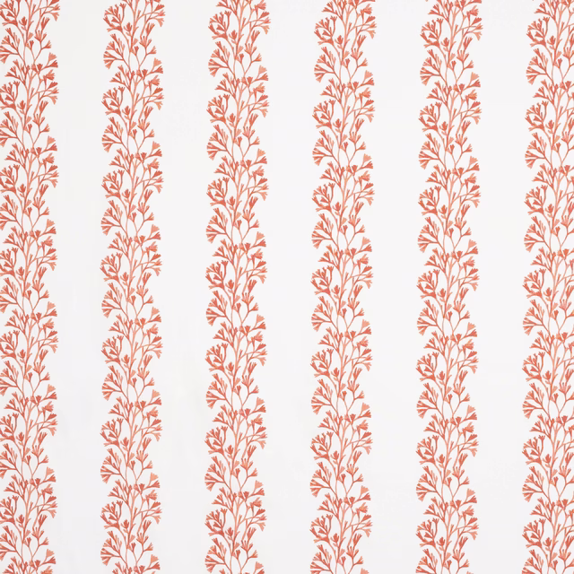 Coral-red leafy vertical stripe on an off-white linen ground