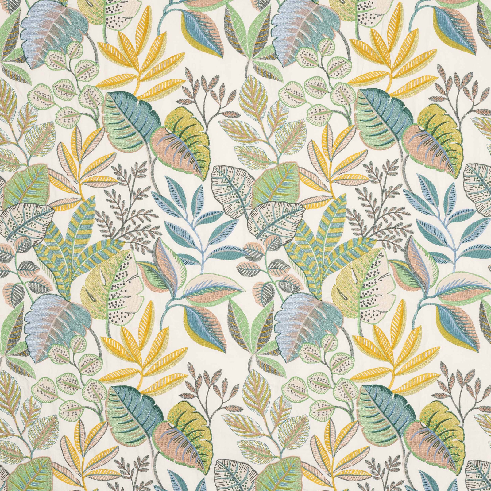 Large leafy botanical print in soft green, teal, yellow and blush on a cream ground