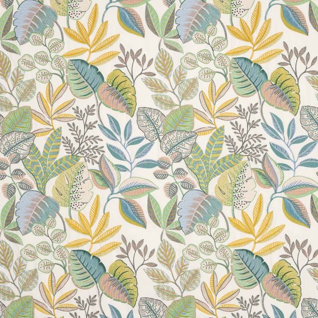 Large leafy botanical print in soft green, teal, yellow and blush on a cream ground