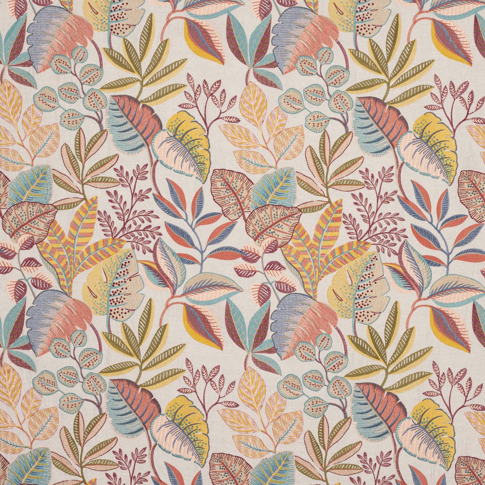 Pale botanical fabric swatch with pastel multi-coloured leaves and stems