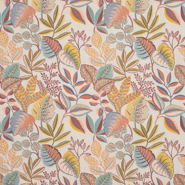 Pale botanical fabric swatch with pastel multi-coloured leaves and stems