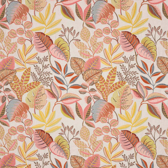 Large botanical fabric swatch in red, ochre, pink and cream leaf motifs