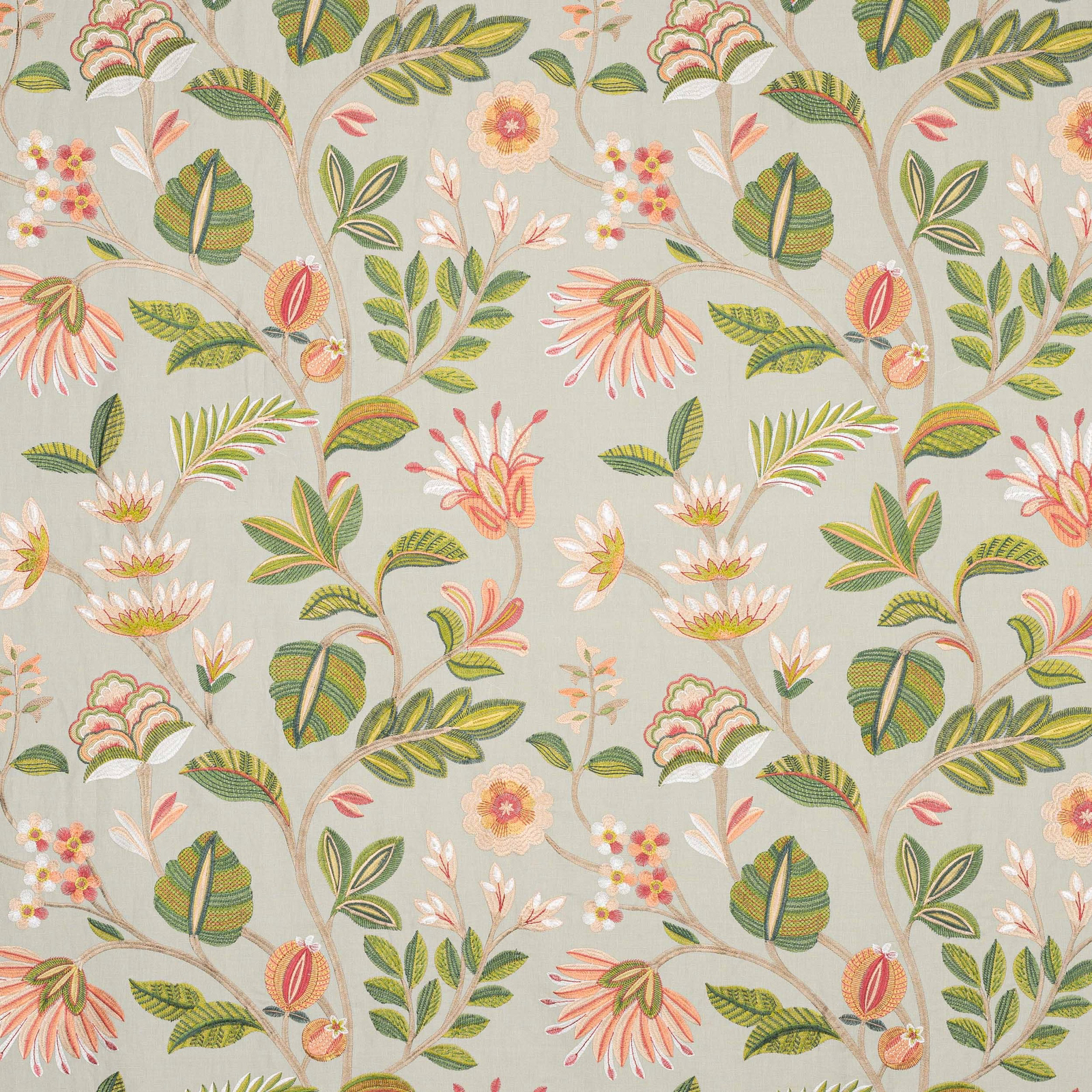 Large botanical floral fabric on a soft aqua ground with green, peach and ivory details
