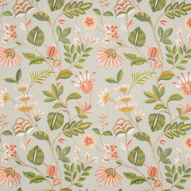 Large botanical floral fabric on a soft aqua ground with green, peach and ivory details
