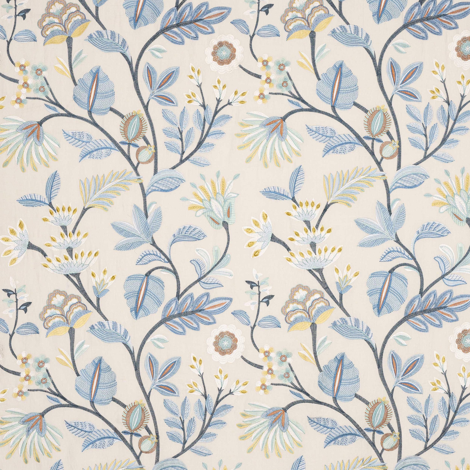 Botanical fabric swatch with powder blue leaves, cream ground and yellow accents